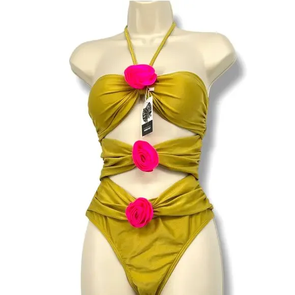 SWMMER LIKET NWT Olive Color Two Cut Out Halter Tie One Piece Swim Suit S Beach - Picture 2 of 7